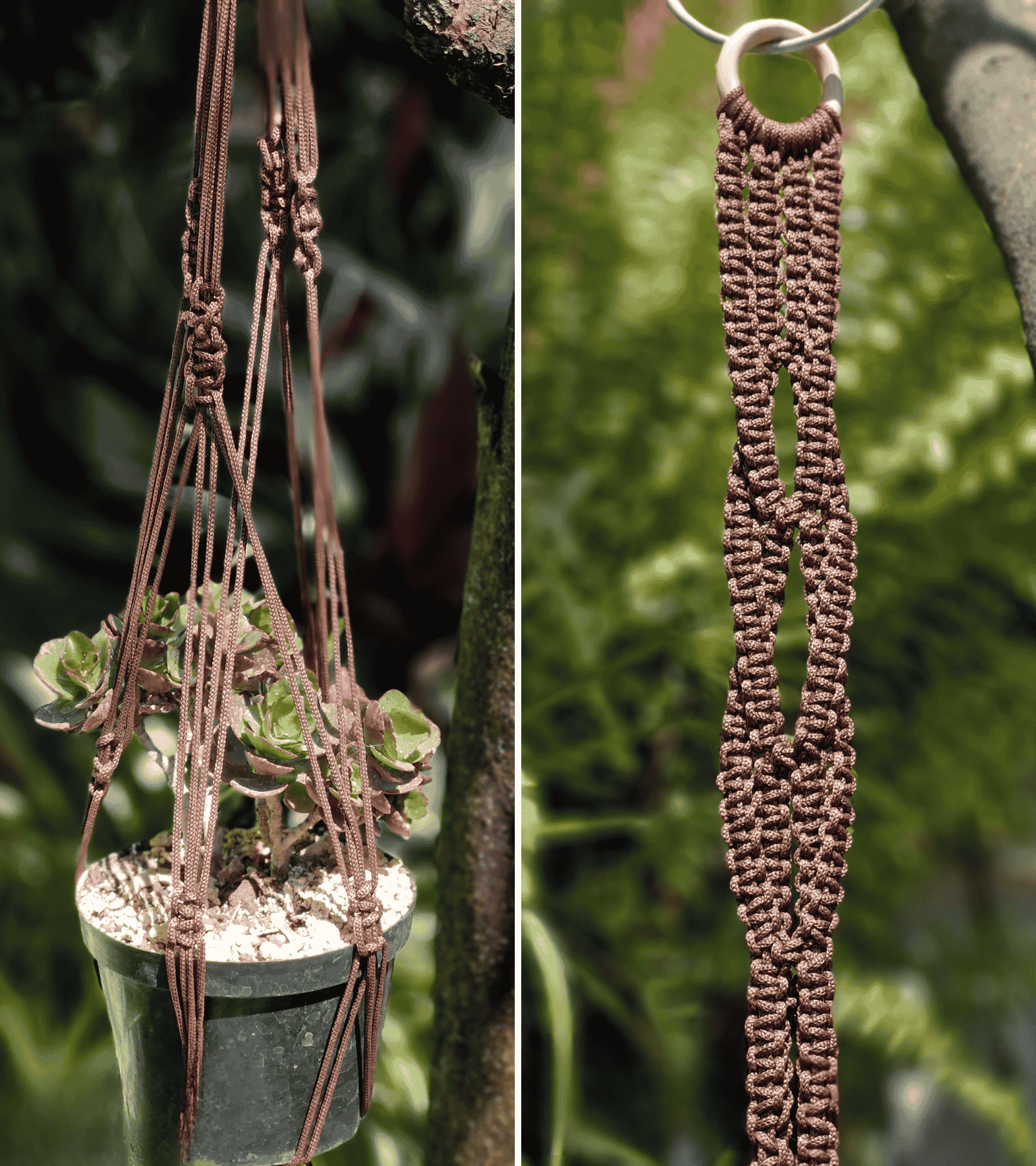 Portamaceta de macramé estilo bohemio hecho a mano en El Salvador, colgado en jardín